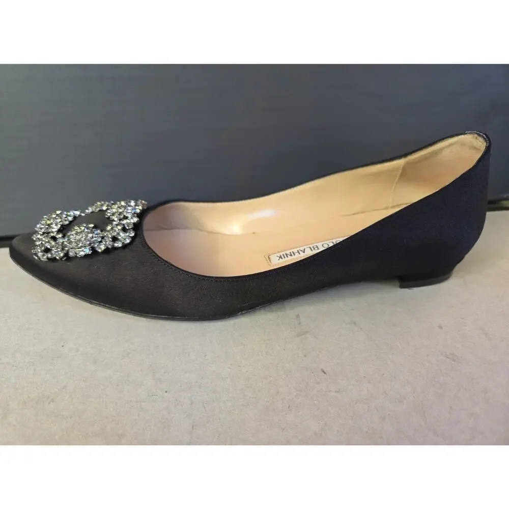 Manolo Blahnik Hangisi Jewel Buckle Flat Pumps Black Satin Women's 36 US8 w/Box